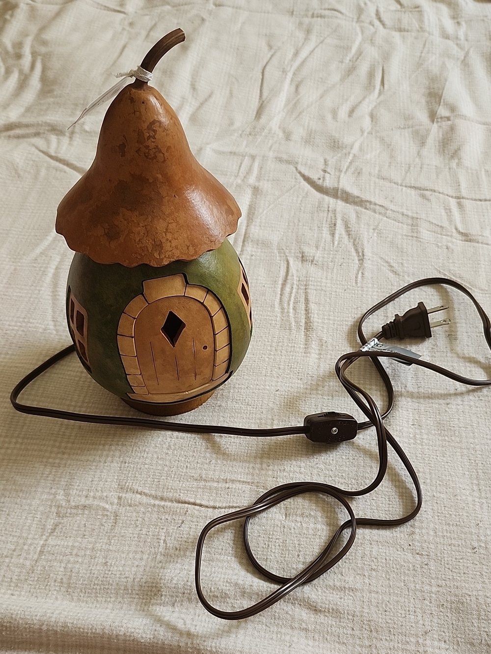 Handcrafted Gourd Fairy House Lamp - Green and Brown